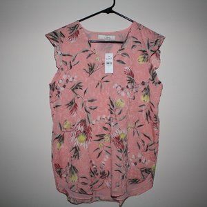 LOFT Pink Floral V-Neck Cap Sleeve Blouse